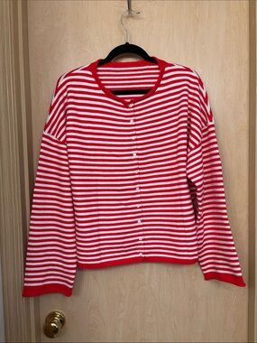 Red & White Striped Cardigan Sweater